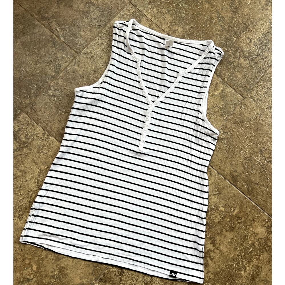 Sketchers White Thin Black Stripe V-neck Sleeveless Tank, women's size S